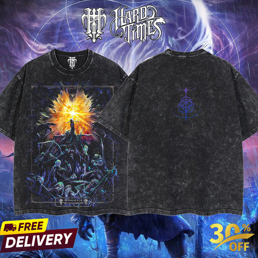 HardTimesClothing Elden Ring Nightreign Retro Vintage Unisex Oversize Anime Manga Acid Washed Heavyweight Cotton T-shirt, Anime Merch, Gift For Anime Fan. Menswear Oversized