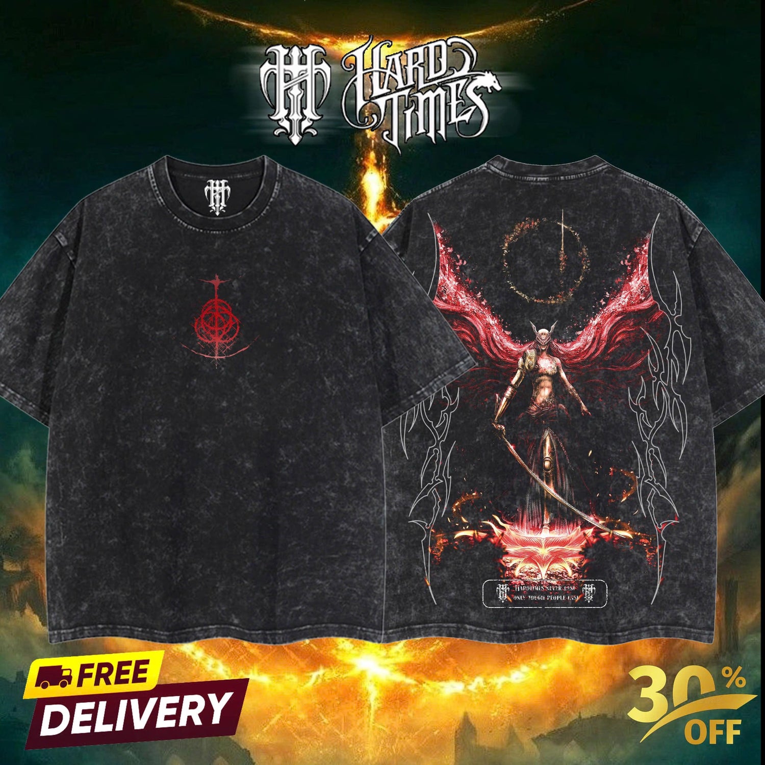 HardTimesClothing - Malenia Elden Ring Retro Vintage Unisex Oversize Anime Manga Acid Washed Heavyweight Cotton T-shirt, Anime Merch, Gift For Anime Fan. Clothes Oversized