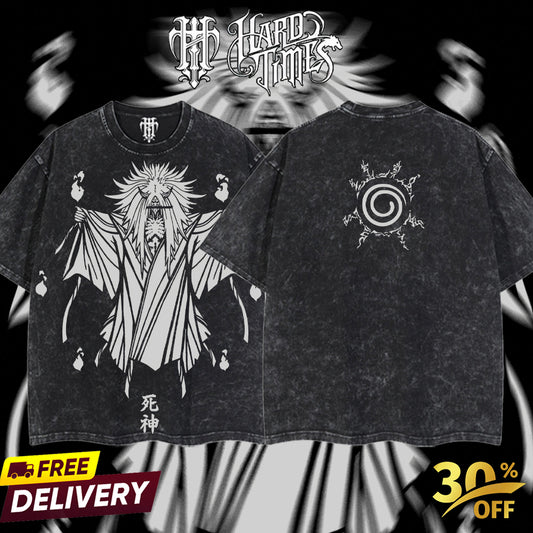 HardTimesClothing - Reaper Death Naruto Anime Limited Edition Death Reaper Seal Double Printed Oversize Lightweight Acid Washed Hoodie, graphic hoodies men streetwear