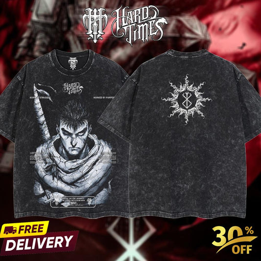 Hardtimesclothing - guts berserk Vintage Unisex Oversize Anime Acid Washed Cotton T-shirt, graphic tee,anime merch fan, outfits men, boys merch