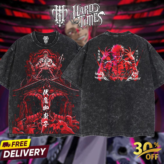 HardTimesClothing "Sukuna" Jujutsu Kaisen Retro Vintage Unisex Oversize Anime Manga Acid Washed Heavyweight Cotton T-shirt, Anime Merch, Gift For Anime Fan. Clothes Oversized
