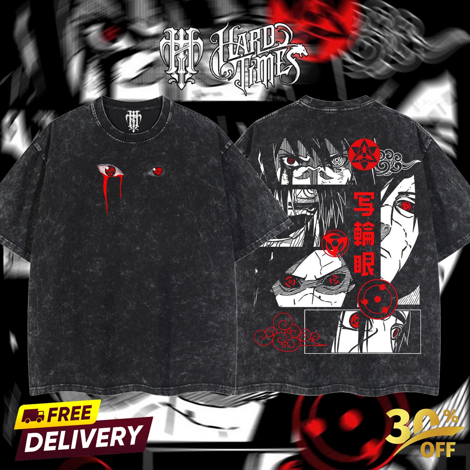 HardTimesClothing - Uchiha Clan Sharingan Naruto Anime Double Printed Oversize Lightweight Acid Washed Tee Clothes Cotton Menswear Soft T-Shirt Top Man Classic