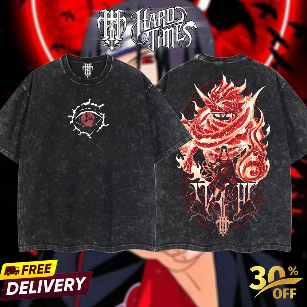 HardTimesClothing - "Itachi" Naruto Retro Vintage Unisex Oversize Anime Manga Acid Washed Heavyweight Cotton T-shirt, Anime Merch, Gift For Anime Fan. Clothes Oversized