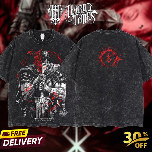 HardTimesClothing - Guts Berserk Retro Vintage Unisex Oversize Anime Manga Acid Washed Heavyweight Cotton T-shirt, Anime Merch, Gift For Anime Fan. Clothes Oversized