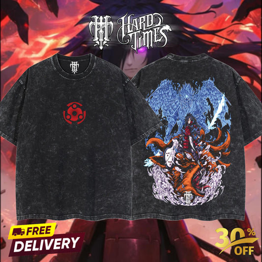 HardTimesClothing - "Uchiha Madara" Naruto Retro Vintage Unisex Oversize Anime Manga Acid Washed Heavyweight Cotton T-shirt, Anime Merch, Gift For Anime Fan.