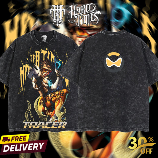HardTimesClothing - Tracer Overwatch, Blizzard Collection Game Oversized Washed Tee Acid Washed Lightweight TSHIRT, Gift for him her Clothes Cotton