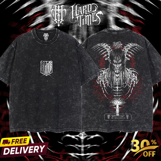 HardTimesClothing - Eren Yeager Attack On Titan Retro Vintage Unisex Oversize Anime Manga Acid Washed Heavyweight Cotton T-shirt, Anime Merch, Gift For Anime Fan. Clothes Oversized