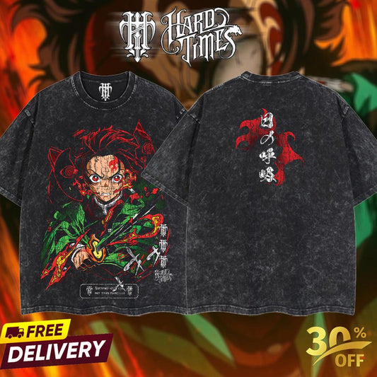 HardTimesClothing - Tanjiro Demons Slayer Vintage Unisex Oversize Anime Manga Acid Washed Heavyweight Cotton T-shirt, graphic tee,anime merch fan, outfits men