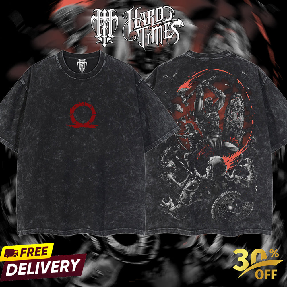 HardTimesClothing - Brutality God of War Ragnarok Retro Vintage Unisex Oversize Game Acid Washed Heavyweight Cotton T-shirt, Game Merch, Gift For Game Fan. Clothes Oversized
