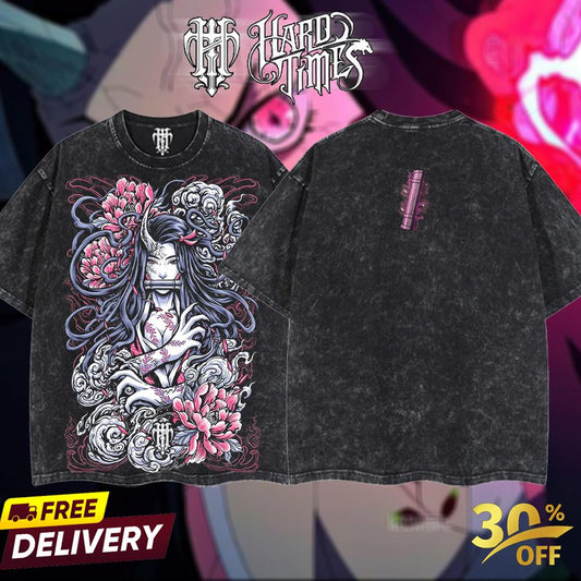 HardTimeClothing - Nezuko Demonslayer Retro Vintage Unisex Oversize Anime Manga Acid Washed Heavyweight Cotton T-shirt, Anime Merch, Gift For Anime Fan. Clothes Oversized