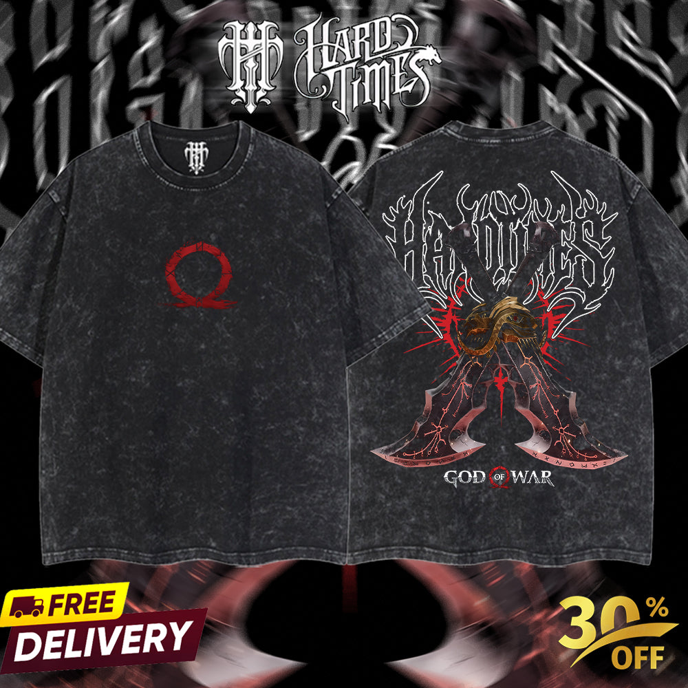 HardTimesClothing Kratos God Of War Blades Of Chaos 27.11 Retro Vintage Unisex Oversize Anime Manga Acid Washed Heavyweight Cotton T-shirt Anime Merch Gift For Anime Fan Menswear Oversized 100% Premium Cotton 230gsm