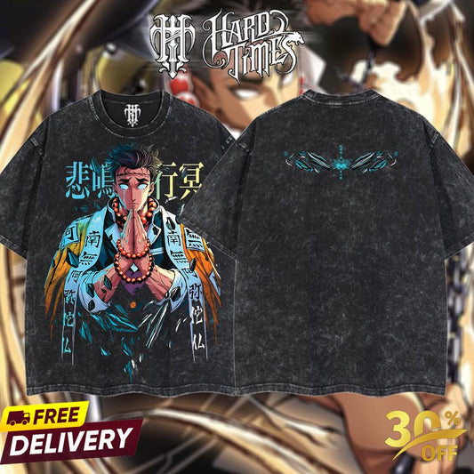 HardTimesClothing - Retro Limited Vintage Gyomei Himejima Demon Slayer, demon slayer infinity castle, Unisex Oversize Anime Manga Acid Washted Heavyweight Cotton Tshirt, Anime Merch, Gift for anime fan Clothes Oversized