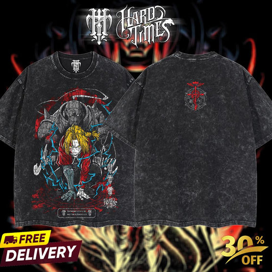 HardTimesClothing - Full Metal Alchemist Retro Vintage Unisex Oversize Anime Manga Acid Washed Heavyweight Cotton T-shirt, Anime Merch, Gift For Anime Fan. Clothes Oversized