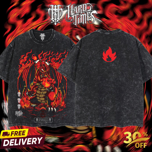 HardTimeClothing - Charlizard Fire Type Pokemon Retro Vintage Unisex Oversize Anime Manga Acid Washed Heavyweight Cotton T-shirt, Anime Merch, Gift For Anime Fan. Clothes Oversized.