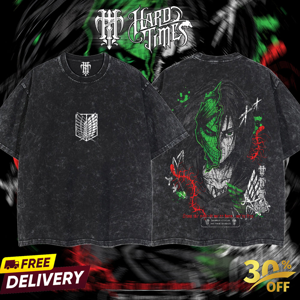 HardTimesClothing - Eren Yeager Attack On Titan Retro Vintage Unisex Oversize Anime Manga Acid Washed Heavyweight Cotton T-shirt, Anime Merch, Gift For Anime Fan. Clothes Oversized