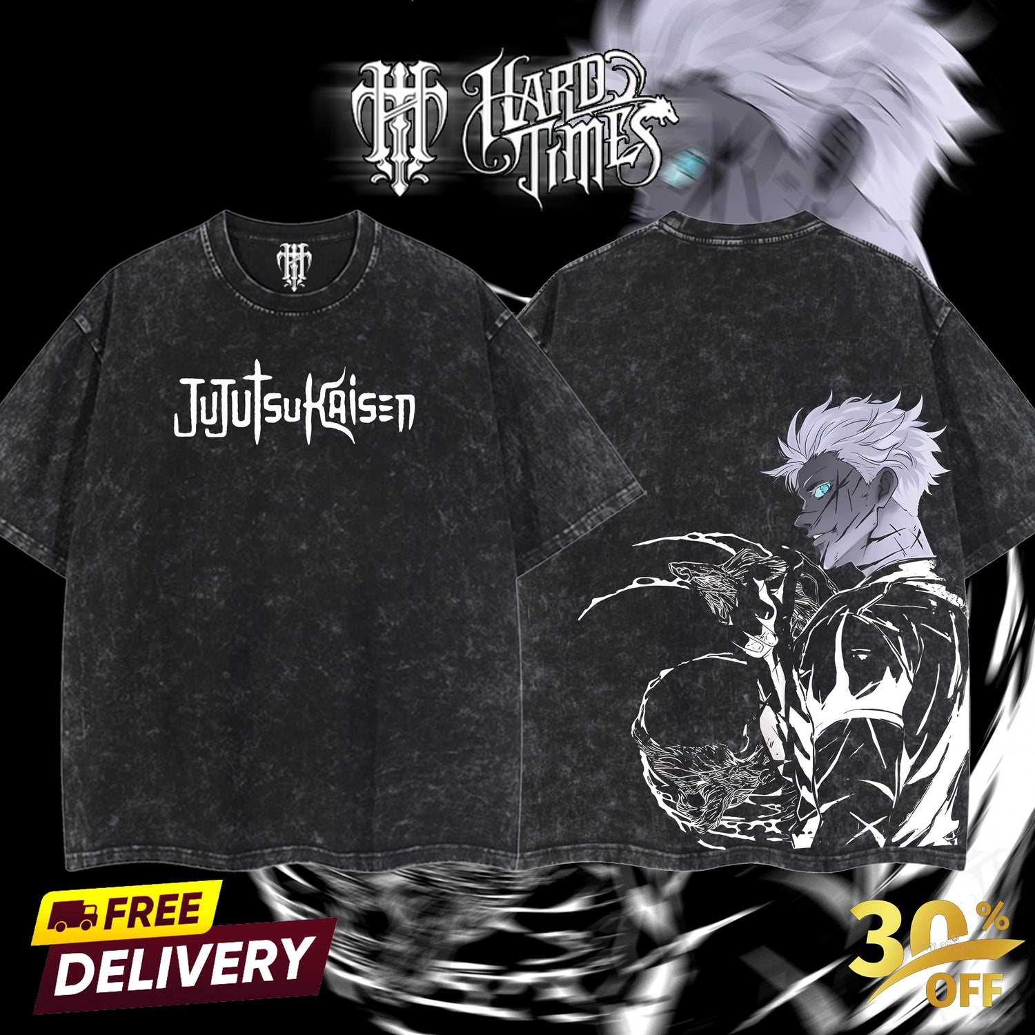 HardTimesClothing "Gojo" Jujutsu Kaisen Retro Vintage Unisex Oversize Anime Manga Acid Washed Heavyweight Cotton T-shirt, Anime Merch, Gift For Anime Fan. Clothes Oversized