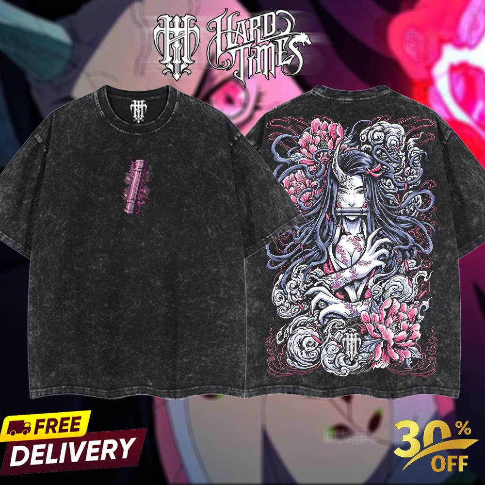 HardTimeClothing - Nezuko Demonslayer Retro Vintage Unisex Oversize Anime Manga Acid Washed Heavyweight Cotton T-shirt, Anime Merch, Gift For Anime Fan. Clothes Oversized