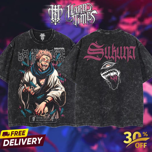 HardTimesClothing Sukuna v2 15.1 Jujutsu Kaisen season 3 2026 Retro Vintage Unisex Oversize Anime Manga Acid Washed Heavyweight Cotton T-shirt, Anime Merch, Gift For Anime Fan. Menswear Oversized