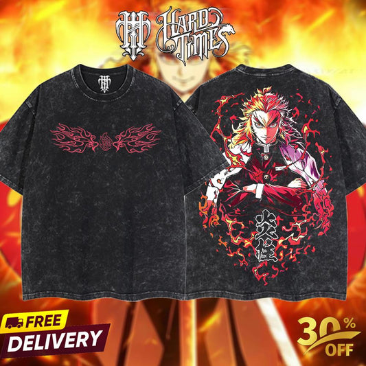 HardTimesClothing - Retro Limited Vintage Rengoku Demon Slayer, demon slayer infinity castle, Unisex Oversize Anime Manga Acid Washted Heavyweight Cotton Tshirt, Anime Merch, Gift for anime fan Clothes Oversized