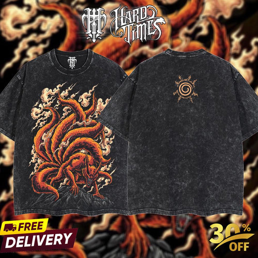 HardTimesClothing - "Jinchuriki Kurama" Naruto Retro Vintage Unisex Oversize Anime Manga Acid Washed Heavyweight Cotton T-shirt, Anime Merch, Gift For Anime Fan. Clothes Oversized