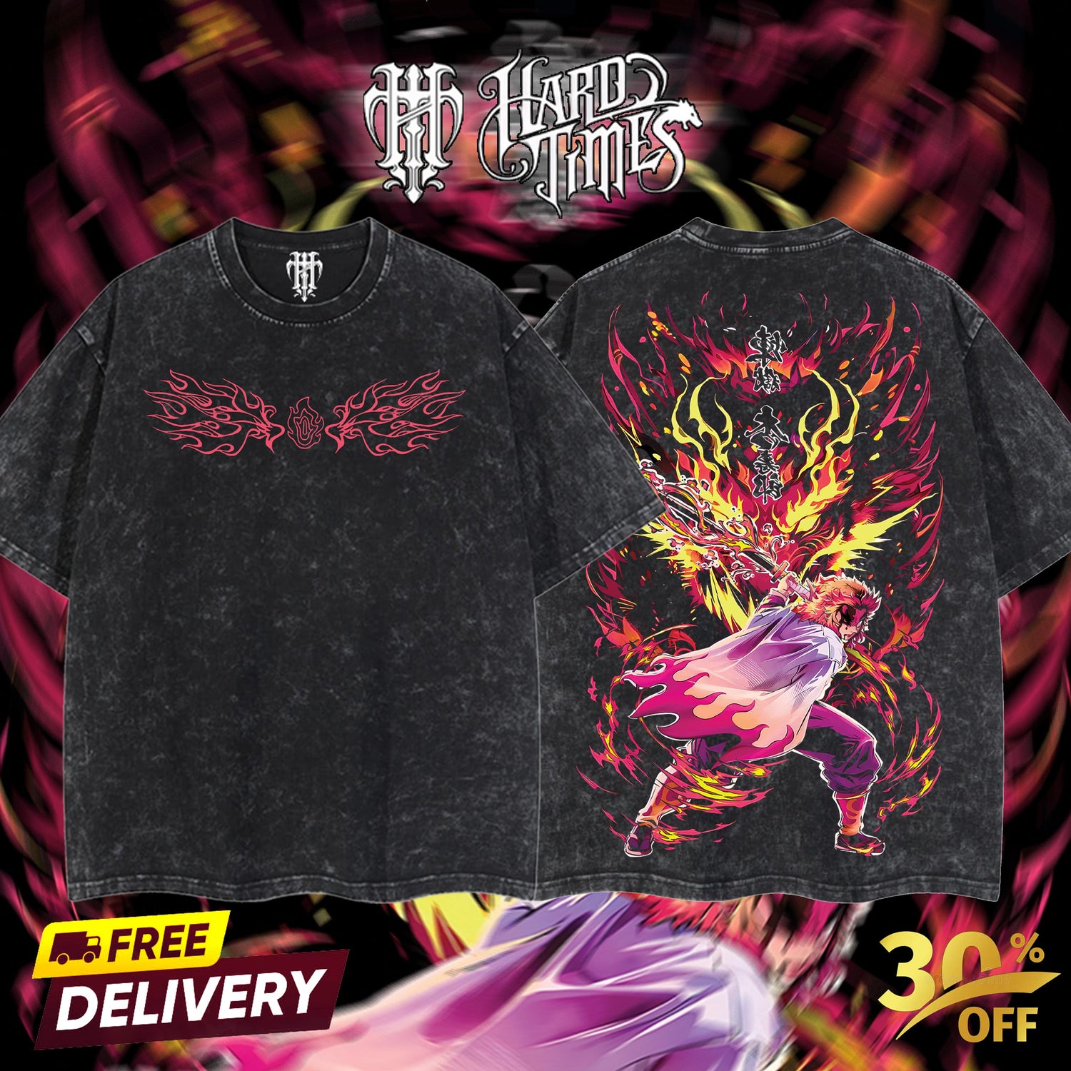 HardTimesClothing - Retro Limited Vintage Rengoku Demon Slayer, demon slayer infinity castle, Unisex Oversize Anime Manga Acid Washted Heavyweight Cotton Tshirt, Anime Merch, Gift for anime fan Clothes Oversized