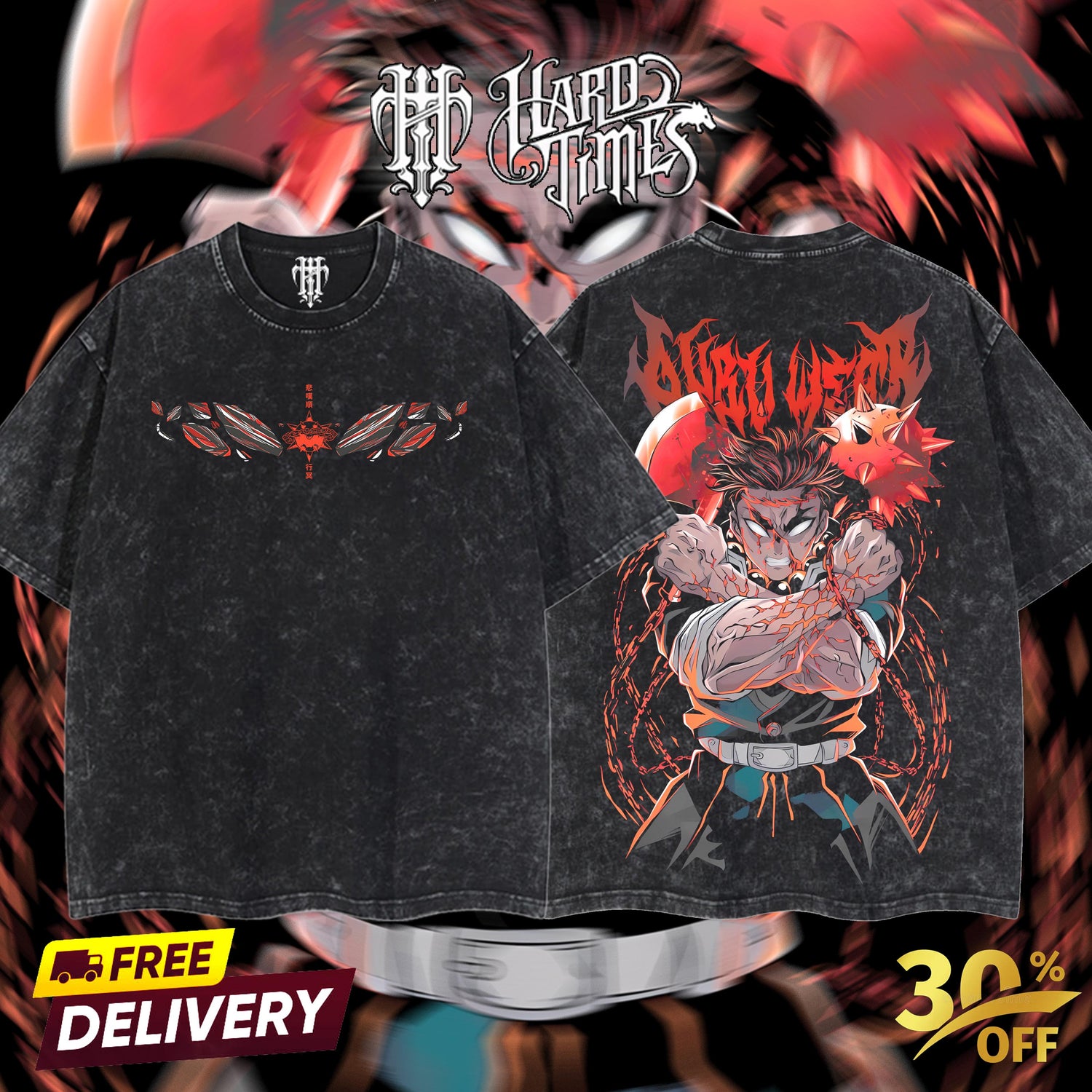 HardTimesClothing Retro Limited Vintage Gyomei Himejima Demon Slayer, demon slayer infinity castle, Unisex Oversize Anime Manga Acid Washted Heavyweight Cotton Tshirt, Anime Merch, Gift for anime fan Clothes Oversized