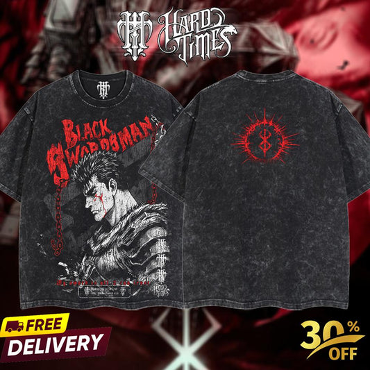 HardTimesClothing - Guts Berserk Retro Vintage Unisex Oversize Anime Manga Acid Washed Heavyweight Cotton T-shirt, Anime Merch, Gift For Anime Fan. Clothes Oversized