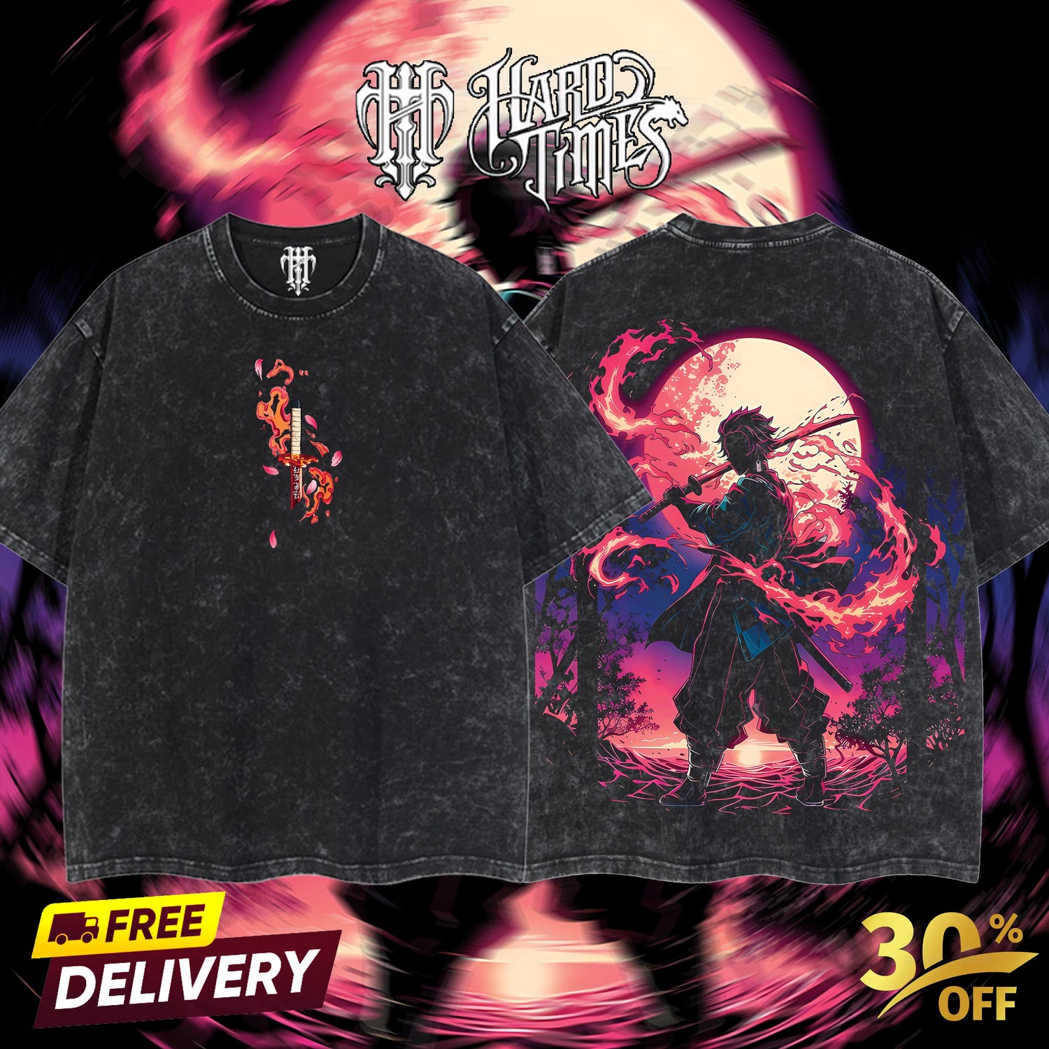 HardTimesClothing - Retro Limited Vintage Kamado Tanjiro Demon Slayer, demon slayer infinity castle, Unisex Oversize Anime Manga Acid Washted Heavyweight Cotton Tshirt, Anime Merch, Gift for anime fan Clothes Oversized