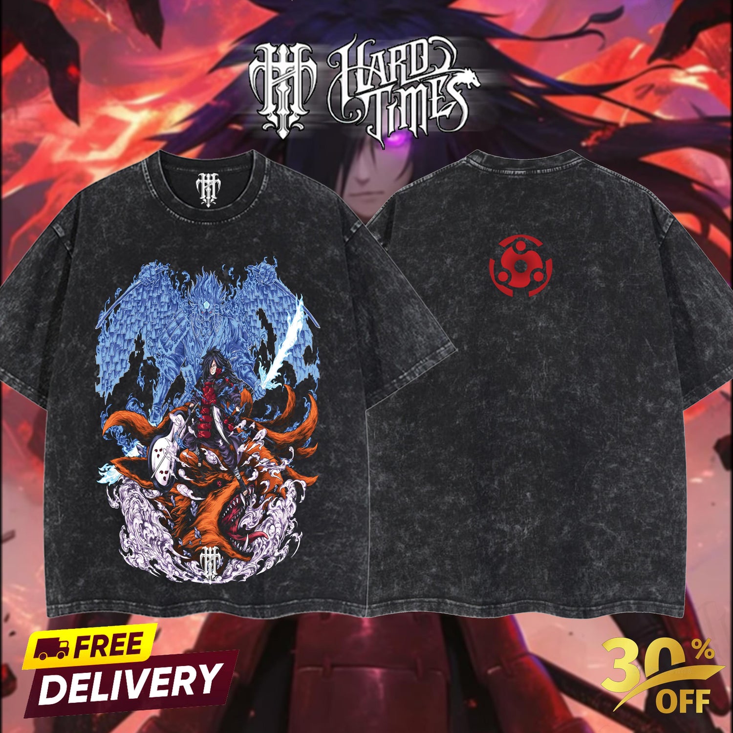 HardTimesClothing - "Uchiha Madara" Naruto Retro Vintage Unisex Oversize Anime Manga Acid Washed Heavyweight Cotton T-shirt, Anime Merch, Gift For Anime Fan.