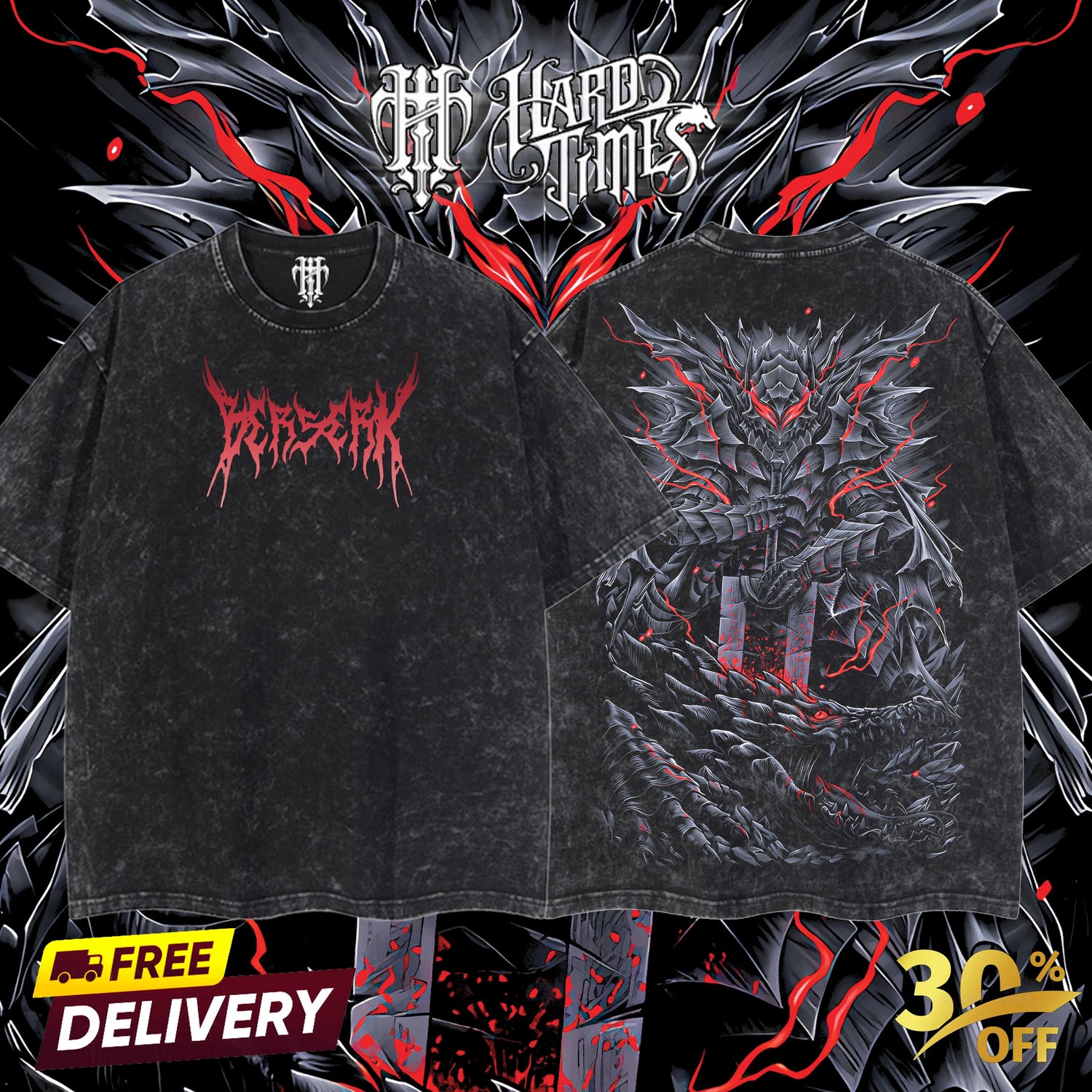 HardTimeClothing - Guts Berserk Retro Vintage Unisex Oversize Anime Manga Acid Washed Heavyweight Cotton T-shirt, Anime Merch, Gift For Anime Fan. Clothes Oversized