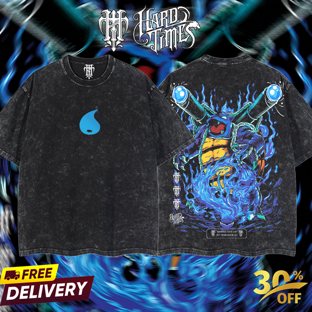 HardTimeClothing - Blastoise Pokemon Retro Vintage Unisex Oversize Anime Manga Acid Washed Heavyweight Cotton T-shirt, Anime Merch, Gift For Anime Fan. Clothes Oversized.