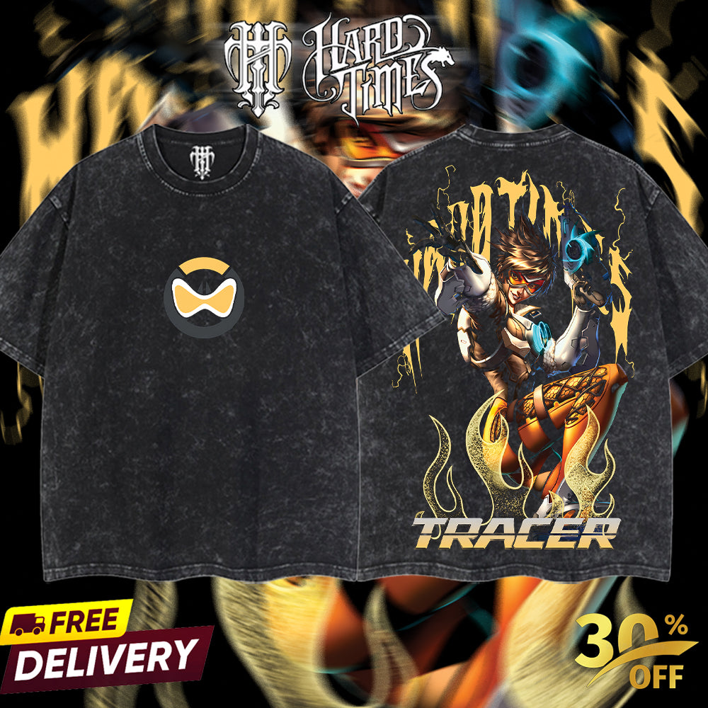 HardTimesClothing - Tracer Overwatch, Blizzard Collection Game Oversized Washed Tee Acid Washed Lightweight TSHIRT, Gift for him her Clothes Cotton