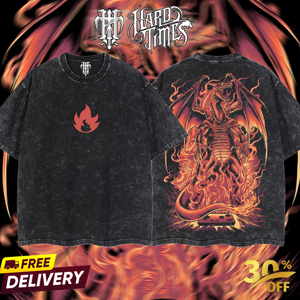 HardTimeClothing - Charlizard Fire Type Pokemon Retro Vintage Unisex Oversize Anime Manga Acid Washed Heavyweight Cotton T-shirt, Anime Merch, Gift For Anime Fan. Clothes Oversized.