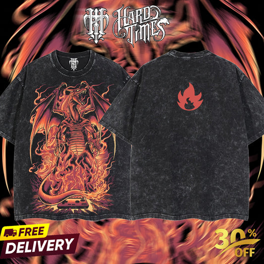 HardTimeClothing - Charlizard Fire Type Pokemon Retro Vintage Unisex Oversize Anime Manga Acid Washed Heavyweight Cotton T-shirt, Anime Merch, Gift For Anime Fan. Clothes Oversized.