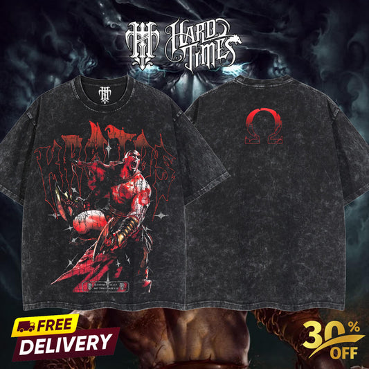 HardTimeClothing - Kratos God Of War Retro Vintage Unisex Oversize Anime Manga Acid Washed Heavyweight Cotton T-shirt, Anime Merch, Gift For Anime Fan. Clothes Oversized