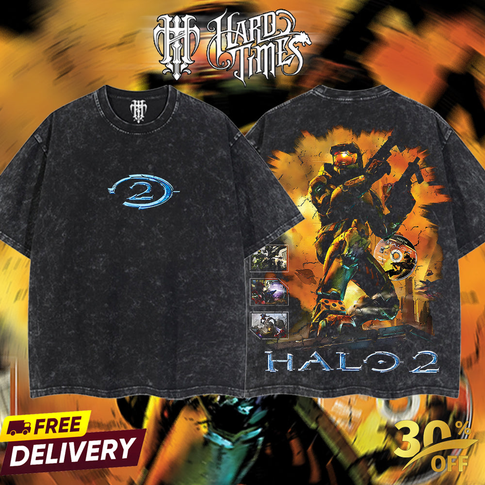 HardTimesClothing - Halo 2 Retro Limited Vintage From Software Collection Game Oversized Washed Tee Acid Washed Lightweight TSHIRT, Gift for him her Clothes Cotton