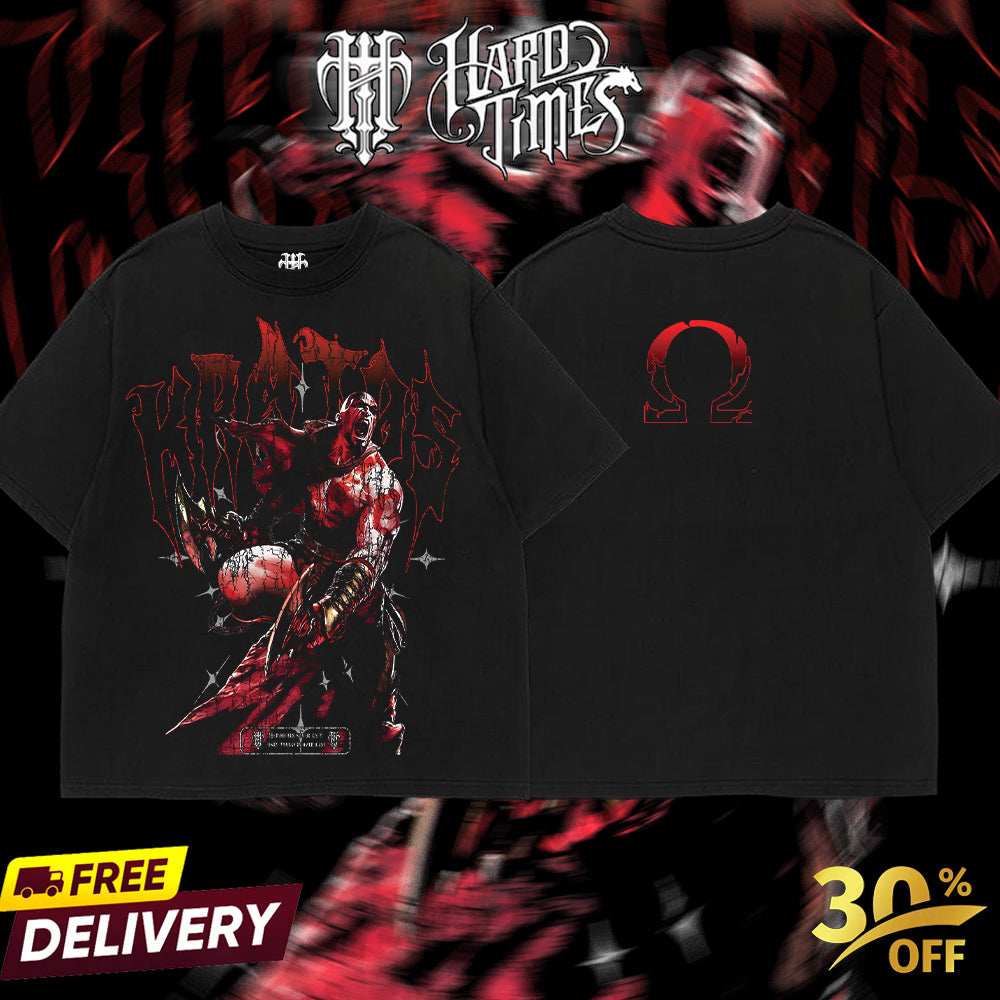 HardTimeClothing - Kratos God Of War Retro Vintage Unisex Oversize Anime Manga Acid Washed Heavyweight Cotton T-shirt, Anime Merch, Gift For Anime Fan. Clothes Oversized
