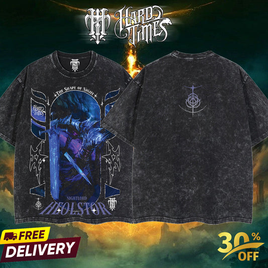 HardTimesClothing Heolstor Nightlord Elden Ring Boss Nightreign Retro Vintage Unisex Oversize Anime Manga Acid Washed Heavyweight Cotton T-shirt, Anime Merch, Gift For Anime Fan. Menswear Oversized