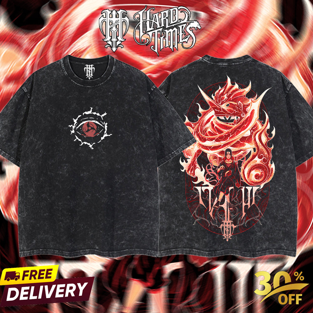 HardTimesClothing - "Itachi" Naruto Retro Vintage Unisex Oversize Anime Manga Acid Washed Heavyweight Cotton T-shirt, Anime Merch, Gift For Anime Fan. Clothes Oversized