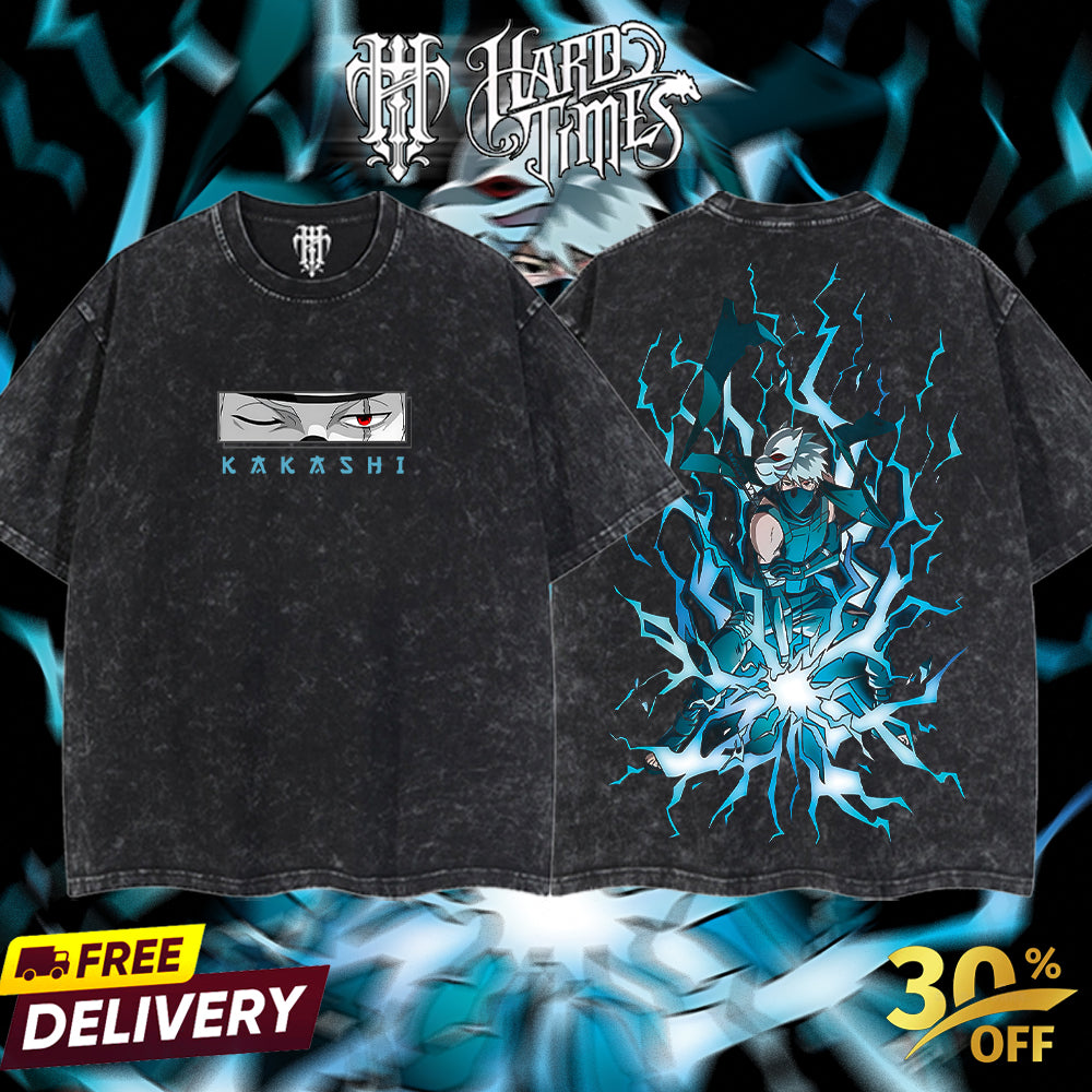 HardTimesClothing - "Kakashi Chidori" Naruto Retro Vintage Unisex Oversize Anime Manga Acid Washed Heavyweight Cotton T-shirt, Anime Merch, Gift For Anime Fan. Clothes Oversized