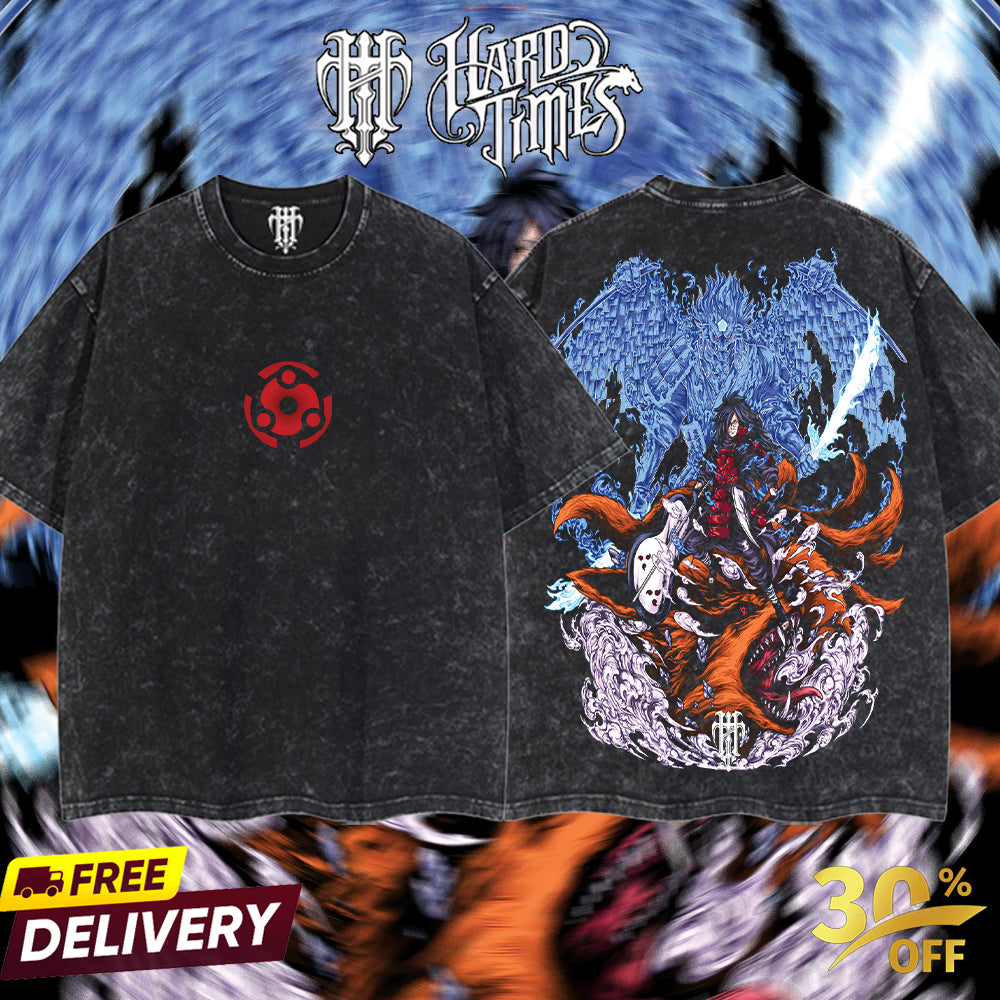HardTimesClothing - "Uchiha Madara" Naruto Retro Vintage Unisex Oversize Anime Manga Acid Washed Heavyweight Cotton T-shirt, Anime Merch, Gift For Anime Fan.