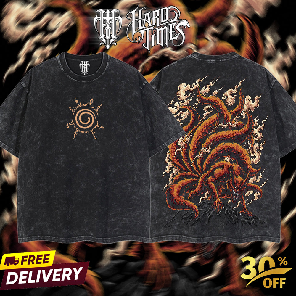 HardTimesClothing - "Jinchuriki Kurama" Naruto Retro Vintage Unisex Oversize Anime Manga Acid Washed Heavyweight Cotton T-shirt, Anime Merch, Gift For Anime Fan. Clothes Oversized