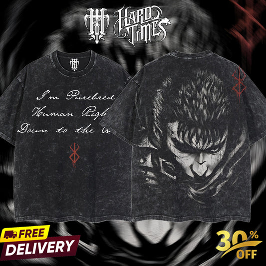 HardTimesClothing - Guts Berserk Retro Vintage Unisex Oversize Anime Manga Acid Washed Heavyweight Cotton T-shirt, Anime Merch, Gift For Anime Fan. Clothes Oversized