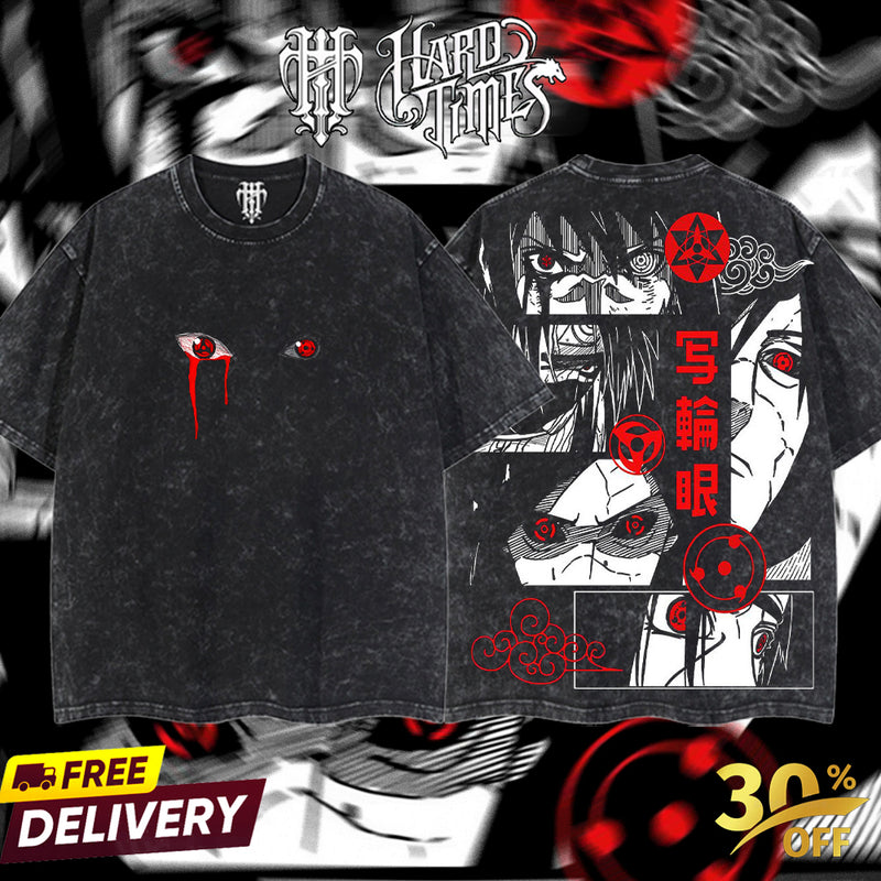 HardTimesClothing - Uchiha Clan Sharingan Naruto Anime Double Printed Oversize Lightweight Acid Washed Tee Clothes Cotton Menswear Soft T-Shirt Top Man Classic