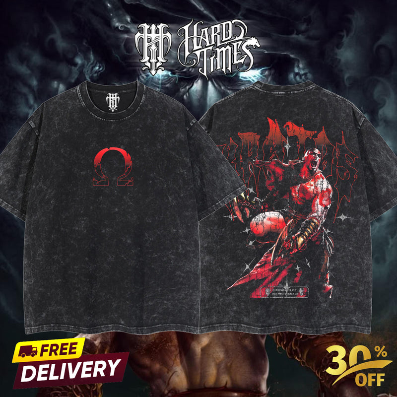 HardTimeClothing - Kratos God Of War Retro Vintage Unisex Oversize Anime Manga Acid Washed Heavyweight Cotton T-shirt, Anime Merch, Gift For Anime Fan. Clothes Oversized