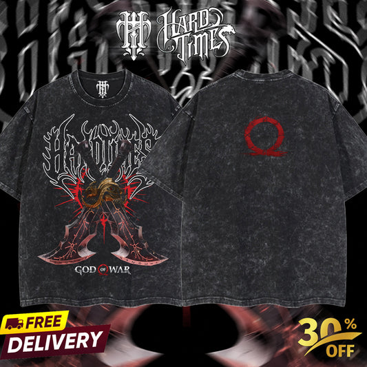 HardTimesClothing Kratos God Of War Blades Of Chaos 27.11 Retro Vintage Unisex Oversize Anime Manga Acid Washed Heavyweight Cotton T-shirt Anime Merch Gift For Anime Fan Menswear Oversized 100% Premium Cotton 230gsm