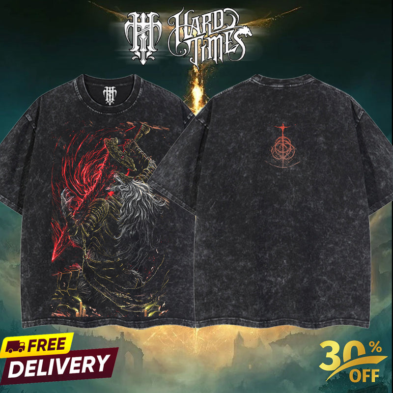 HardTimesClothing -  Maliketh the Black Blade Elden Ring Boss Retro Limited Vintage, From Software Collection Game Oversized Washed Tee Acid Washed Lightweight TSHIRT, Gift for him her Clothes Cotton