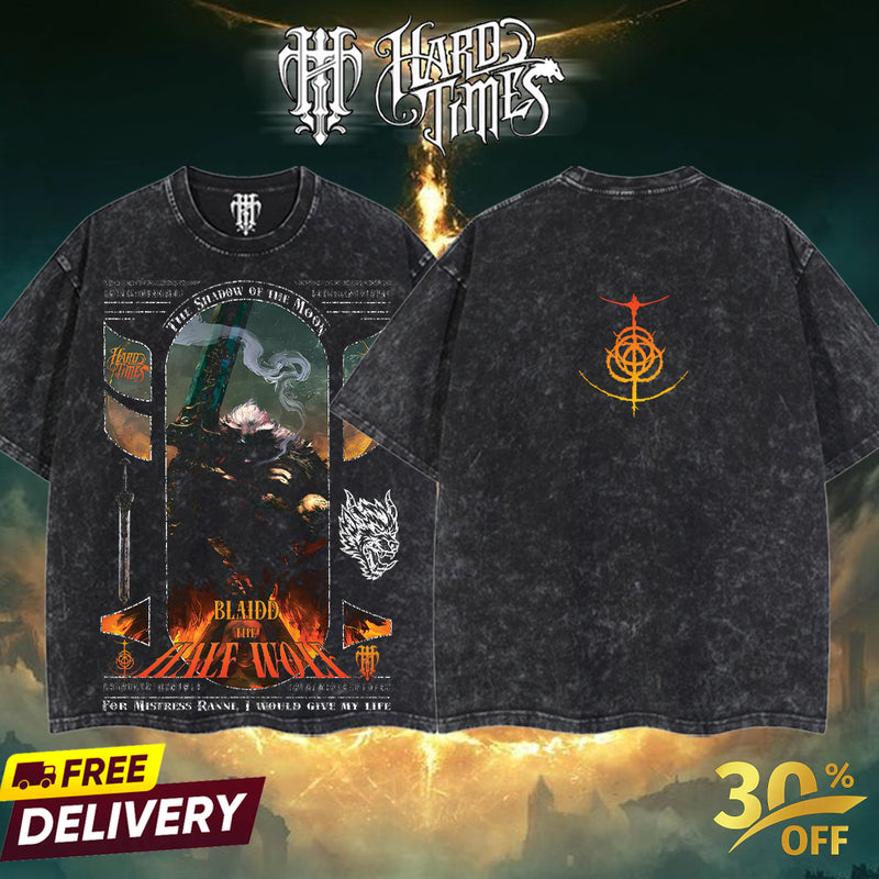 HardTimesClothing Blaidd the Half-Wolf Elden Ring Retro Vintage Unisex Oversize Anime Manga Acid Washed Heavyweight Cotton T-shirt, Anime Merch, Gift For Anime Fan. Menswear Oversized