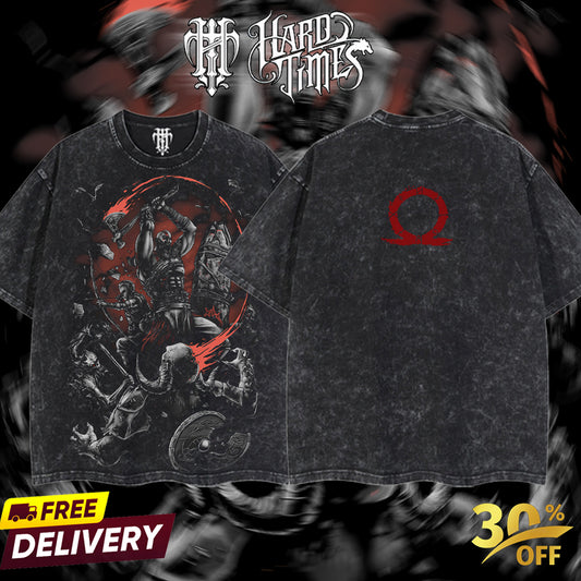 HardTimesClothing - Brutality God of War Ragnarok Retro Vintage Unisex Oversize Game Acid Washed Heavyweight Cotton T-shirt, Game Merch, Gift For Game Fan. Clothes Oversized