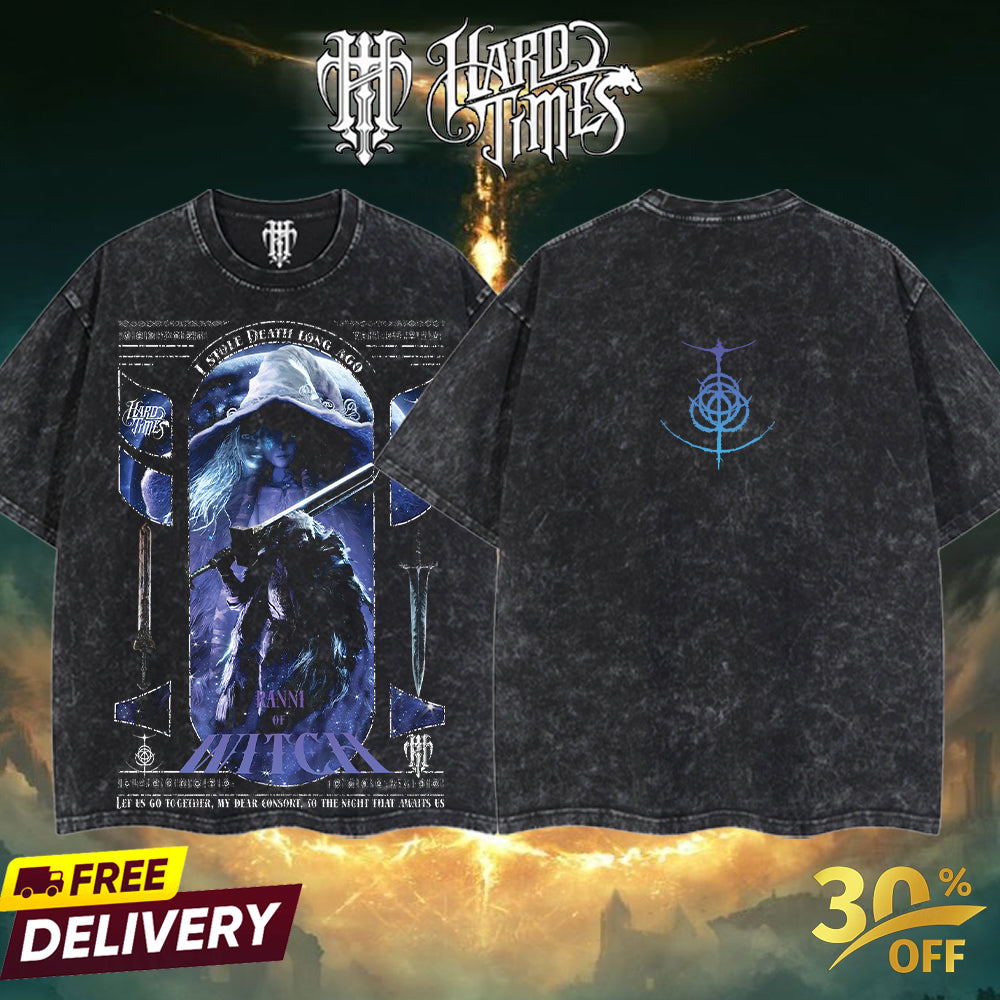 HardTimesClothing - Ranni the Witch x Blaidd the Half-Wolf Elden Ring Retro Vintage Unisex Oversize Anime Manga Acid Washed Heavyweight Cotton T-shirt, Anime Merch, Gift For Anime Fan.